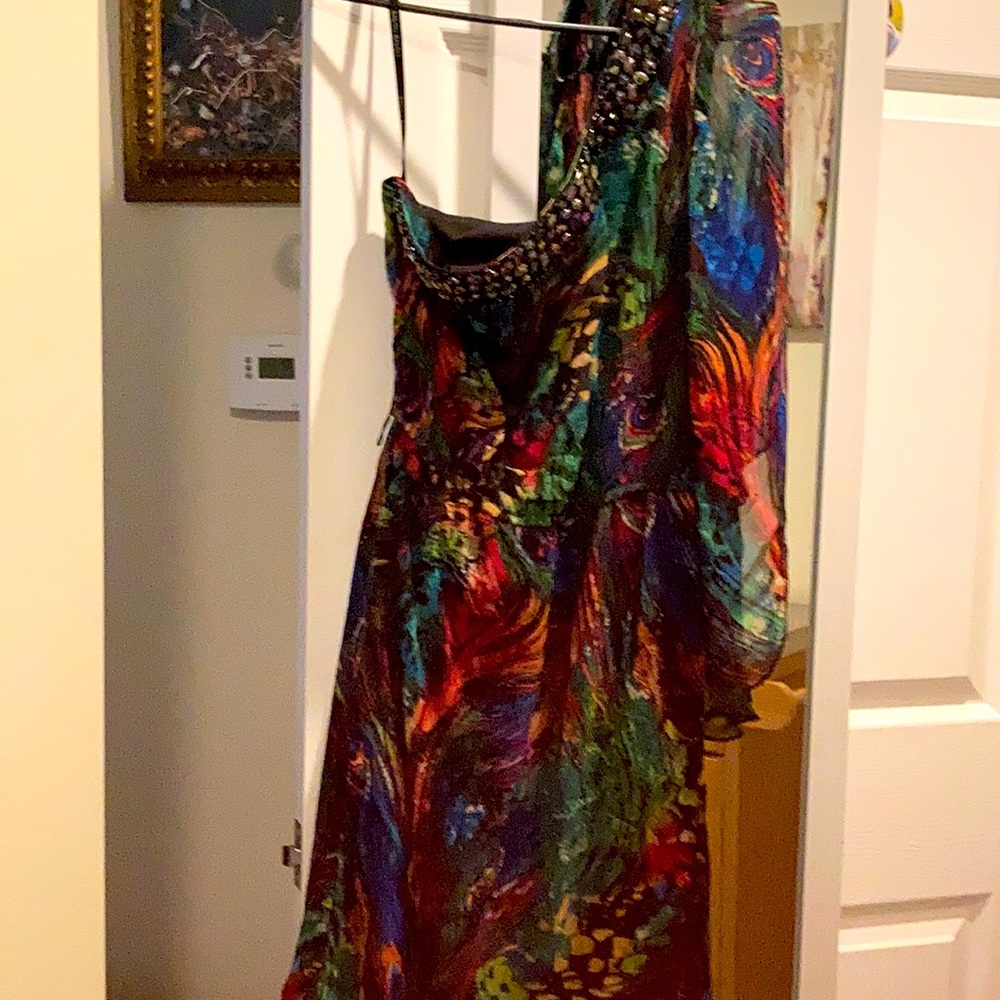 Bison bisou one shoulder peacock print dress